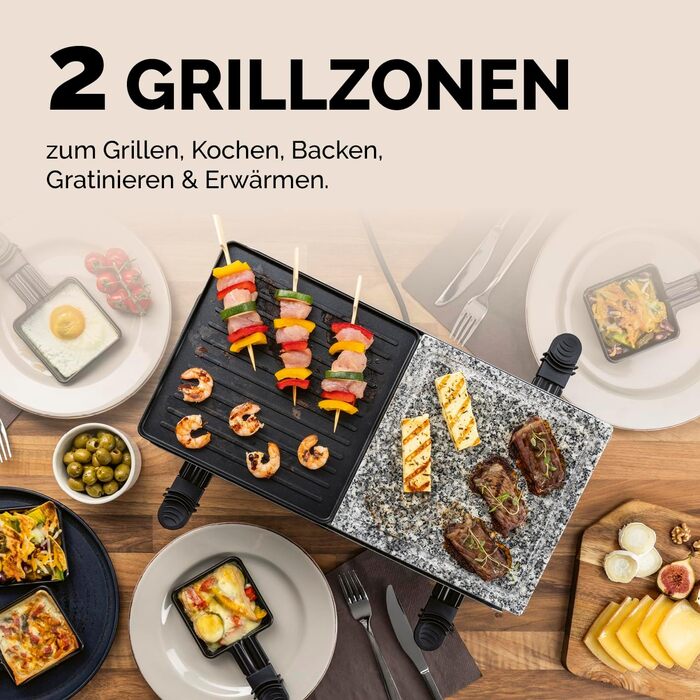 Raclette Gourmetmaxx 2-в-1 з Фондю | Набір раклет для 8 осіб – ідеальний для вечірок | Набір раклет-фондю на 8 осіб з 8 сковородочками, лопатками та виделочками для фондю | Преміум якість