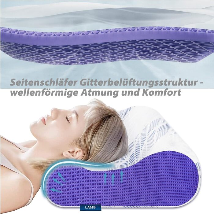 Подушка для шиї LAMB з Memory Foam, регульована висота, ергономічна, знімний чохол 60x36x12/10 см, блакитна