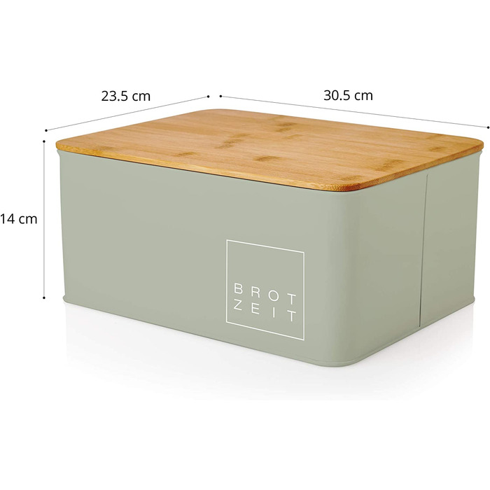 Хлібниця Lumaland Cuisine з металу та бамбуковою кришкою, прямокутна 30,5×23,5×14 см, 2-в-1 контейнер для хліба та обробна дошка, м'ятна