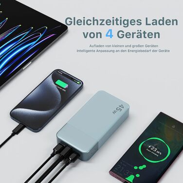 Power Bank Nobis 20000mAh, 45W з кабелем USB-C, Digital Display, для Android, Laptop, Phone (Блакитний)