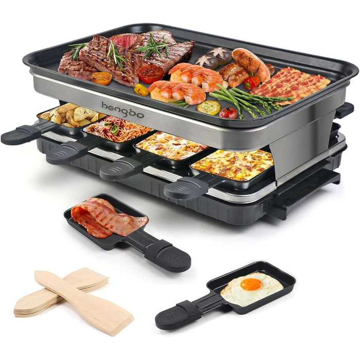 Електричний гриль для фондю Raclette на 8 осіб з антипригарним покриттям, 1500W, з 8 міні-сковорідками та 4 дерев'яними шпателями, регульована температура, нержавіюча сталь 44 x 30 x 16 см