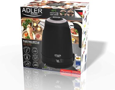 Електрочайник Adler AD 1295b, 1,7 л, нержавійка, LCD-дисплей, терморегулятор, чорний