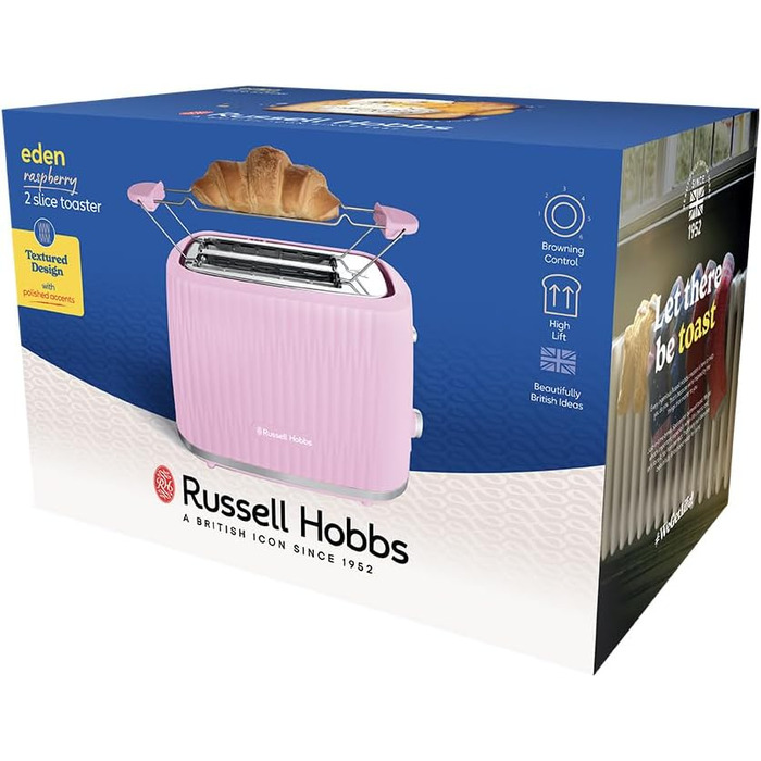 Тостер Russell Hobbs Eden для 2 скибок, рожевий - 6 режимів підсмажування, розморожування, підігрів, підйом, лоток для крихт, тримач для булочок