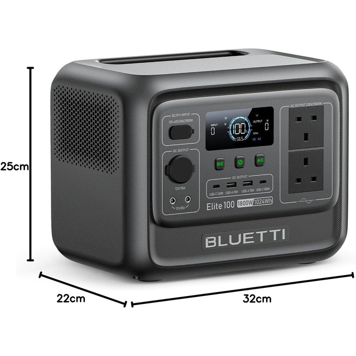 Портативна електростанція BLUETTI Elite 100 V2, 1024Вт·год, LiFePO4 (LFP), 2x1800Вт AC виходи, чорна