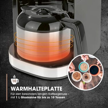 Кавомашина Barista Filterkaffeemaschine з регульованим млинком та скляною кавою | Функція підігріву, таймер 24 год та постійний фільтр | Для 10 чашок кави | Кавомашина для зерен та меленої кави [Нержавіюча сталь] (5) Нержавіюча сталь - термокава - з млинк