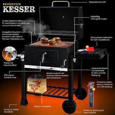 Гриль KESSER® Grillwagen BBQ Smoker XL з коліщатками, термометром та аксесуарами. Чорний котел для барбекю з нержавіючої сталі, решітка та 8 шампурів