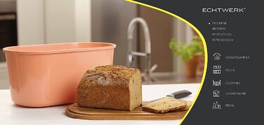 Хлібниця ECHTWERK FRESH із кришкою та дошкою з акації, місткість 1 кг, лососево-рожева, 37x22x17 см, контейнер для зберігання хліба