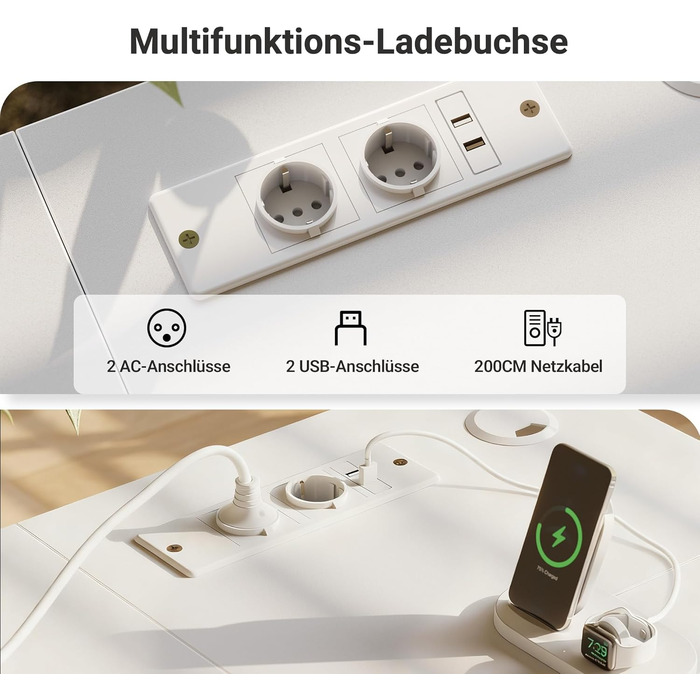 Кутовий офісний стіл Claiks L-подібної форми з 4 ящиками, USB-зарядкою та розеткою, 140x80 см, білий