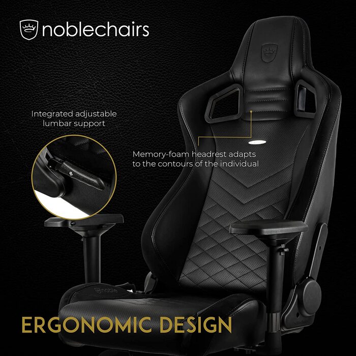 Ігрове крісло noblechairs Epic чорне, ергономічне, з підголівником і поперековою підтримкою, PU-шкіра, для користувачів до 120 кг і 185 см