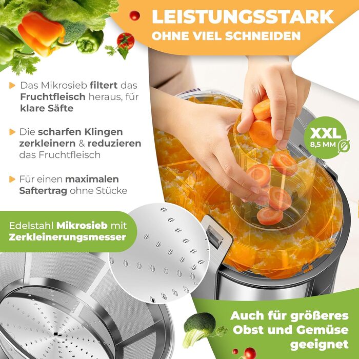 KESSER® Електрична центрифужна соковитискачка для фруктів та овочів з нержавіючої сталі 1100W, велика завантажувальна трубка, 3 швидкості, сірий/срібний колір
