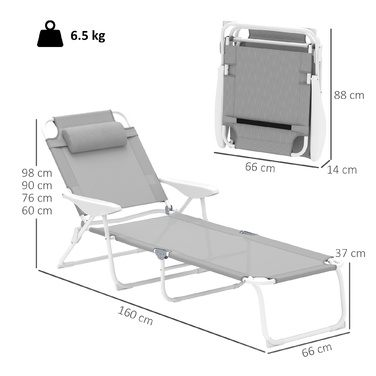 Outsunny Sun Lounger Складний садовий шезлонг з подушкою, шезлонг з регульованою спинкою в 4 напрямках, стійкий до погодних умов шезлонг для кемпінгу, садове крісло навантаження до 120 кг, для саду на відкритому пляжі світло-сірий