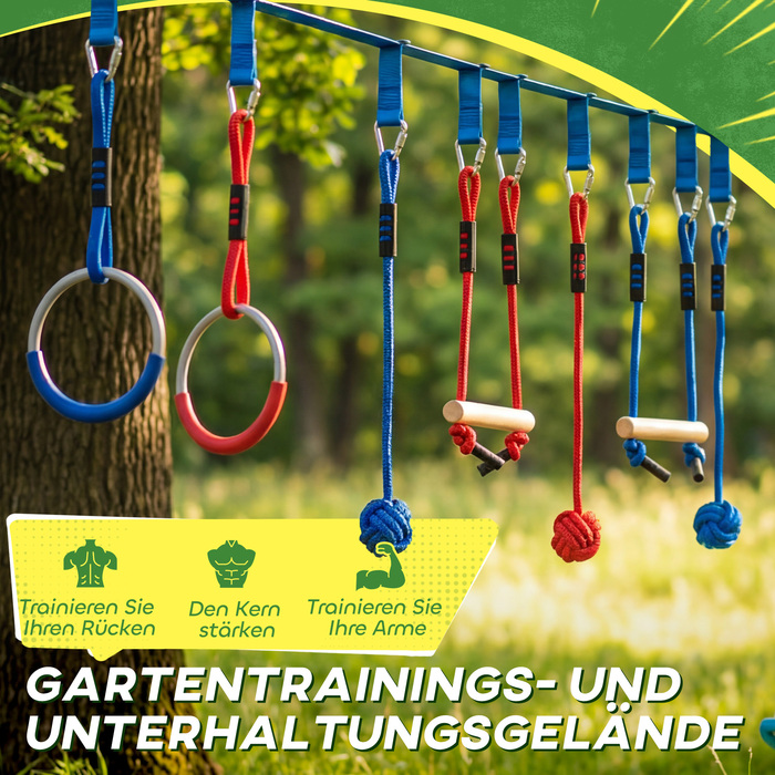 Набір для Slackline Ninja Line Kinder 10м, 9-елементний, з 2 кільцями для гімнастики та 3-в-1 гойдалкою, 2 турніками для дітей 3-8 років, багатокольоровий