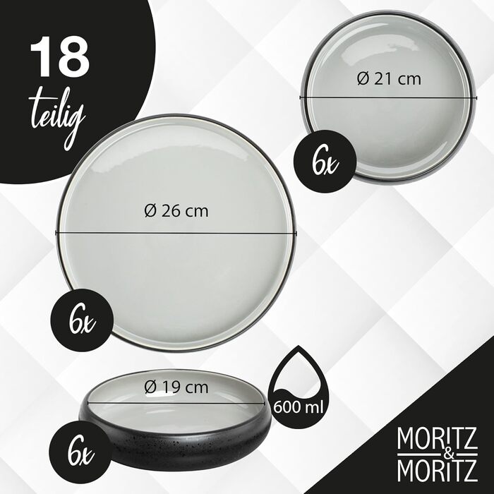Набір посуду Moritz & Moritz SOLID UNI на 6 осіб, 18 предметів, сірий — сучасний сервіз із каменю, підходить для мікрохвильової печі та посудомийки