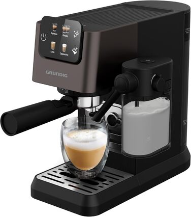 Еспресо-кавоварка GRUNDIG KSM 5330 з молочним контейнером, 1628 Вт, 15 бар, двійна насадка, сенсорний дисплей, BrewSense, CreamyPro, нержавіюча сталь/чорна