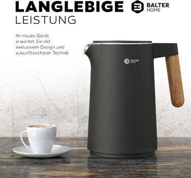 Електричний чайник BALTER з регулюванням температури, 1.5л, 2200W, з нержавіючої сталі, без BPA, бездротовий, сірий/білий