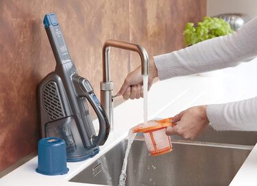 Акумуляторний ручний пилосос BLACK+DECKER BHHV320B, 12В, 25AW, циклонна фільтрація, без мішка, з висувною щілинною насадкою та зарядною станцією, титаново-синій