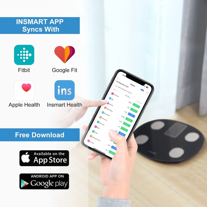 INSMART Розумні ваги для аналізу складу тіла, цифрові ваги з Bluetooth і додатком, вимірювання ваги, ІМТ, жиру, м’язової маси, води, пульсу, білка, BMR, 18 показників
