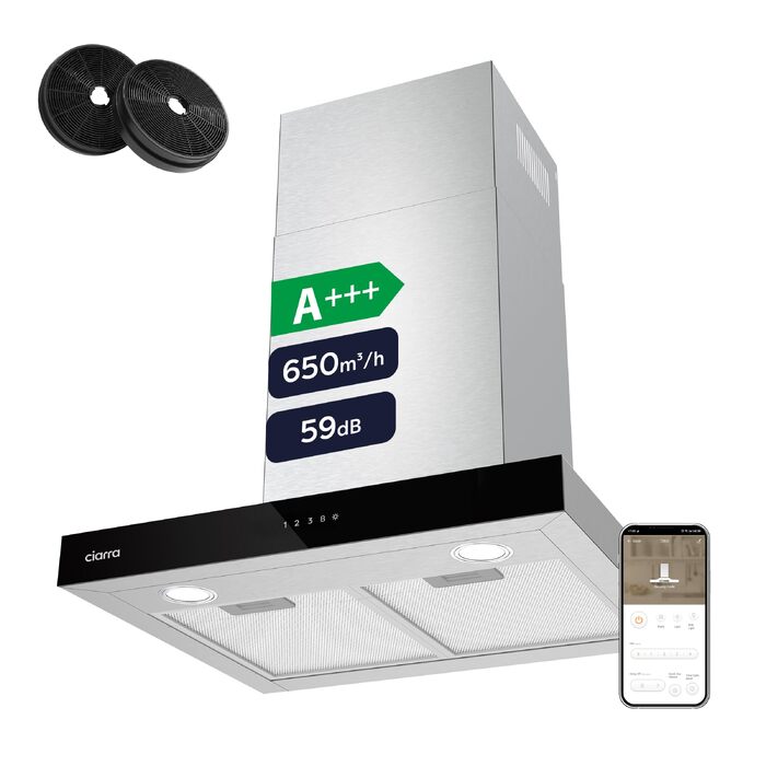 Витяжка кухонна CIARRA CBCS6102 A+++ 60 см, нержавіюча сталь, 650 м³/год, з вугільним фільтром CBCF003, сенсорне керування, режим рециркуляції та відведення