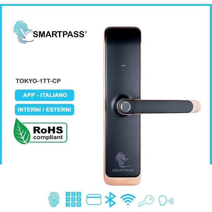 Електронний дверний замок SMARTPASS Tokyo з відбитком пальця, кодом, картою, ключем, керуванням через додаток, Bluetooth, Wi-Fi, колір мідний