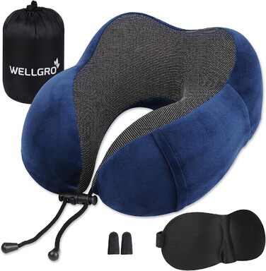 Дорожній набір WELLGRO: ортопедична подушка для шиї з пам'яттю форми, 3D маска для сну, беруші, знімний чохол, темно-синя