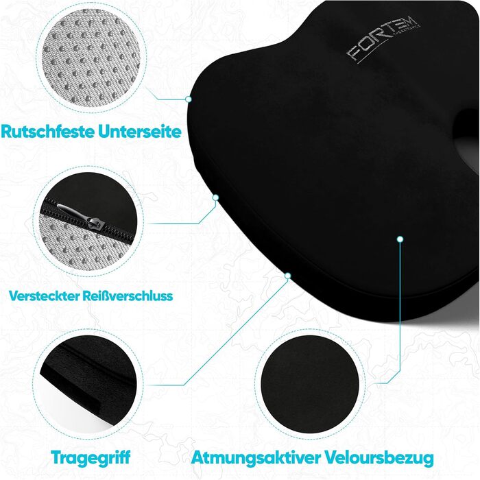Подушка для сидіння та підтримки попереку FORTEM - м'яка, з Memory Foam, для офісного крісла, авто, геймінгу, чорна, велюр