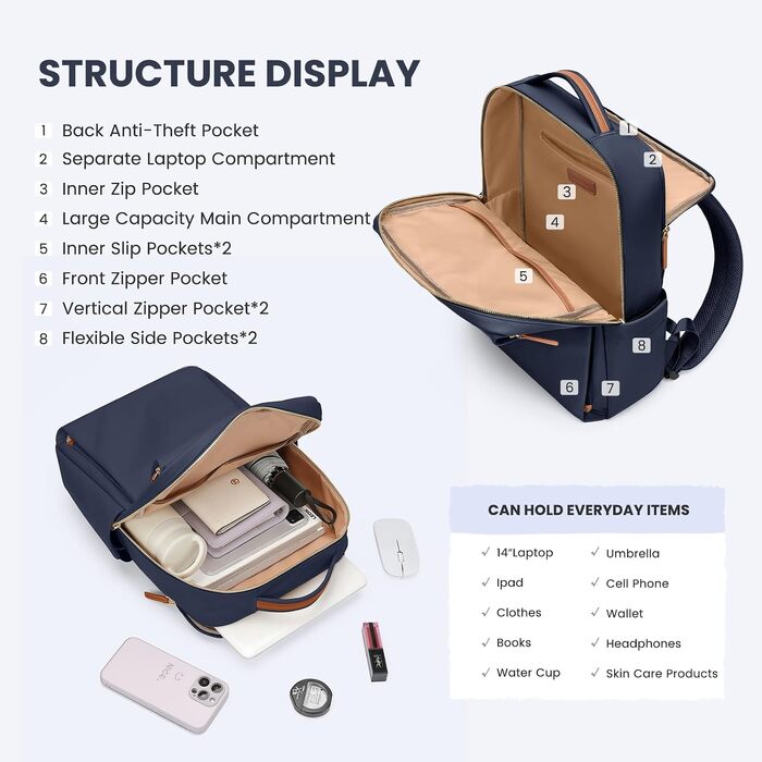 Водонепроникний бізнес-рюкзак для ноутбука 16 дюймів, міський рюкзак для подорожей, навчання та їзди на велосипеді (темно-синій)