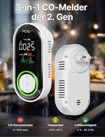 Детектор чадного газу (CO) MOES для розетки, 3-в-1, акумулятор 1000mAh, білий
