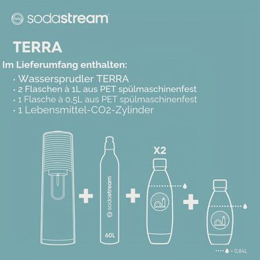 Сифон для газування води SodaStream Terra Black Value Pack: 3 пляшки (2x2.1л, 1x0.5л) зі склокераміки, циліндр Quick Connect, чорний