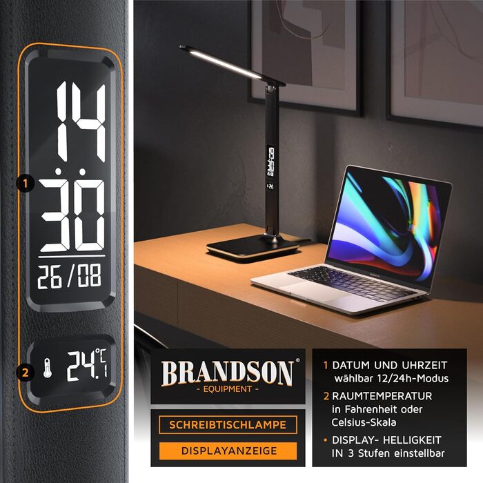 Настільна лампа Brandson LED з димером, 3 кольори світла, 5 рівнів яскравості, USB зарядка, шкіряний дизайн, захист для очей, денне світло