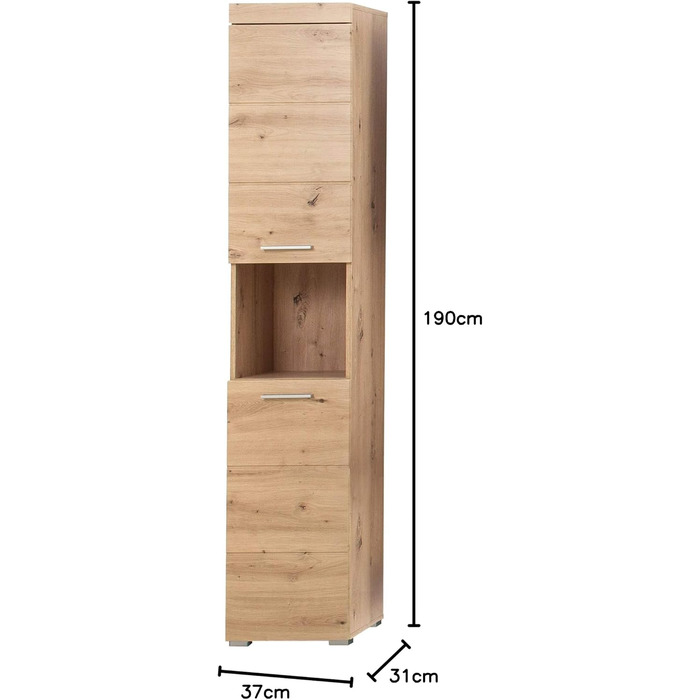 Висока шафа для ванної кімнати trendteam Amanda, 37x190x31 см, колір дуб Асте, Badschrank, сучасний дизайн
