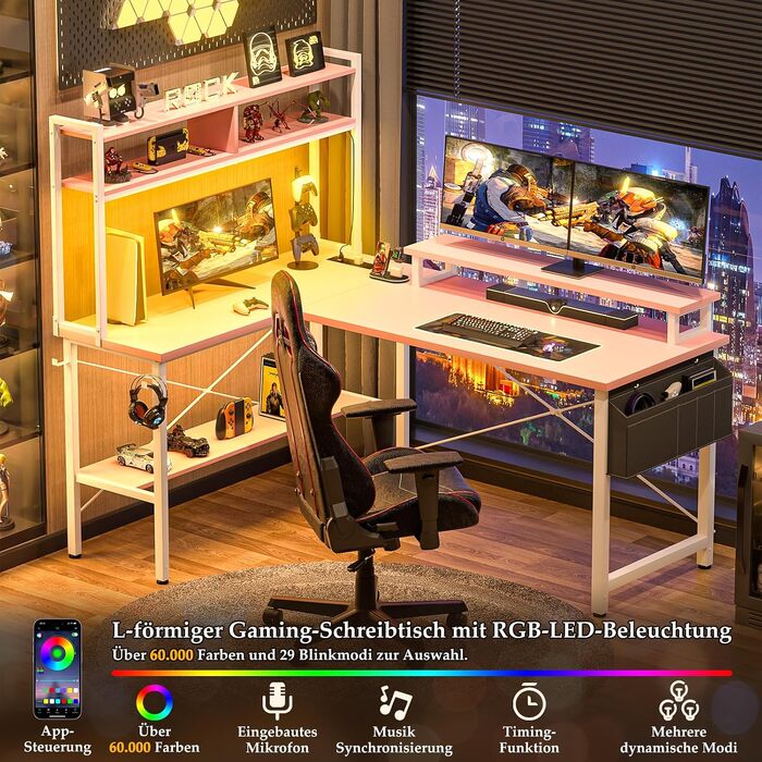 Ігровий кутовий стіл iSunirm L-подібний з LED-підсвіткою, розетками, підставкою для монітора та полицею, рожевий