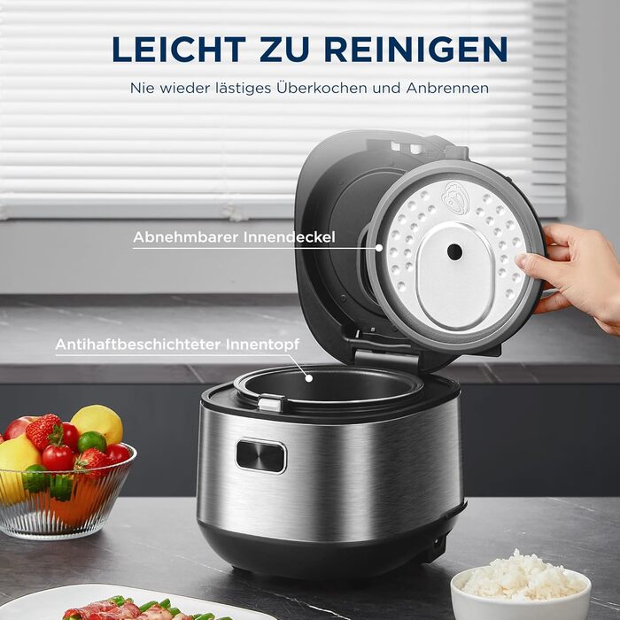 Мультиварка Midea Reiskocher 5 л: рис, суп, тушкування, повільне приготування, 11 програм, таймер, аксесуари, чорний/срібний