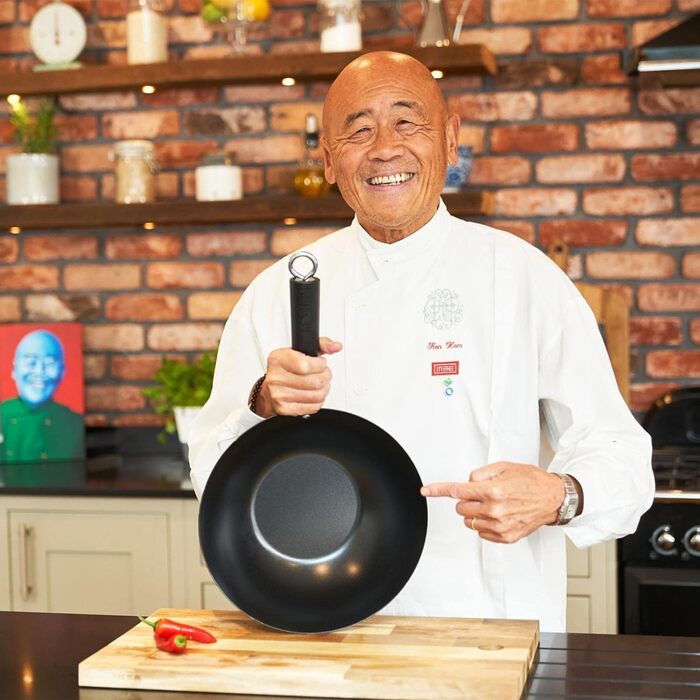 Великий карбоновий вок Ken Hom 27 см для індукції, антипригарний, з фенольним ручкою, набір з кухонним ножем 18 см