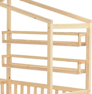 Дитяче ліжко-домік Merax з шухлядами та полицями, 90x200 см і 140x70 см, масив дерева, ігрове ліжко з парканчиком, подвійне ліжко для двох дітей, натуральне