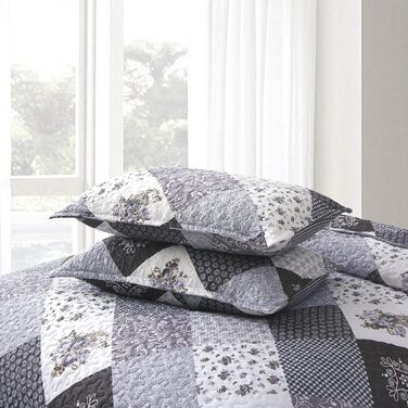 Покривало WONGS BEDDING 220x240 см, стьобане, мікрофібра, патчворк, з 2 наволочками 48x75 см, квітковий візерунок, чорний/сірий