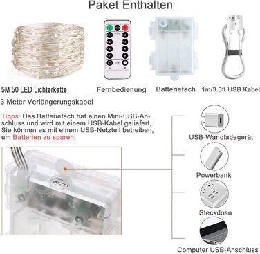 Гірлянда StarryEver 50 LED UV, 5 м, на батарейках та USB, фіолетове ультрафіолетове світло, для декору, вечірок та Хелловіну, з пультом ДУ, мідний дріт, для дому та вулиці
