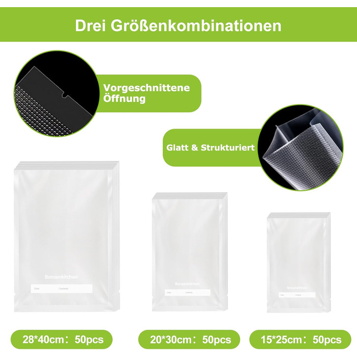 Пакети для вакууму Bonsenkitchen Profi VB3205 (150 шт., 15x25, 20x30, 28x40 см) - для харчових продуктів, Sous Vide, BPA-free