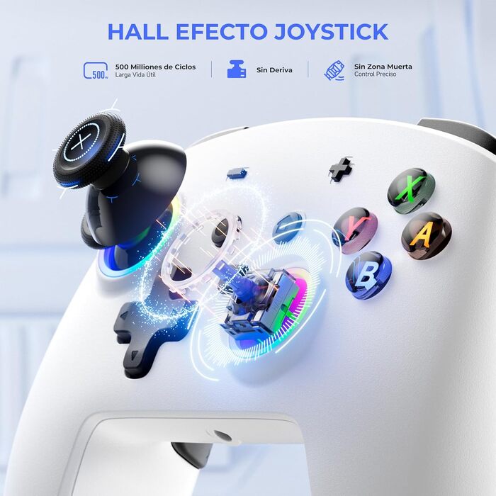 Бездротовий ігровий контролер ECHTPower для PC, Switch, Steam Deck, Android, iOS — RGB підсвічування, Hall-джойстики, вібрація, Turbo, акумулятор 800mAh (Білий)