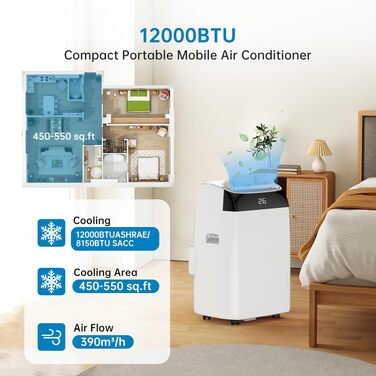 Мобільний кондиціонер Leises 4-в-1 12000 BTU з пультом, таймером на 24 години, функціями охолодження, вентиляції, осушення та Follow-Me для кімнат до 43-51 м²