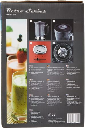Кухонний блендер Westinghouse Retro, 1.5 л, скляна чаша, 600 Вт, 3 швидкості, імпульсний режим, 6-лезове ножі, нержавіюча сталь, BPA free, червоний