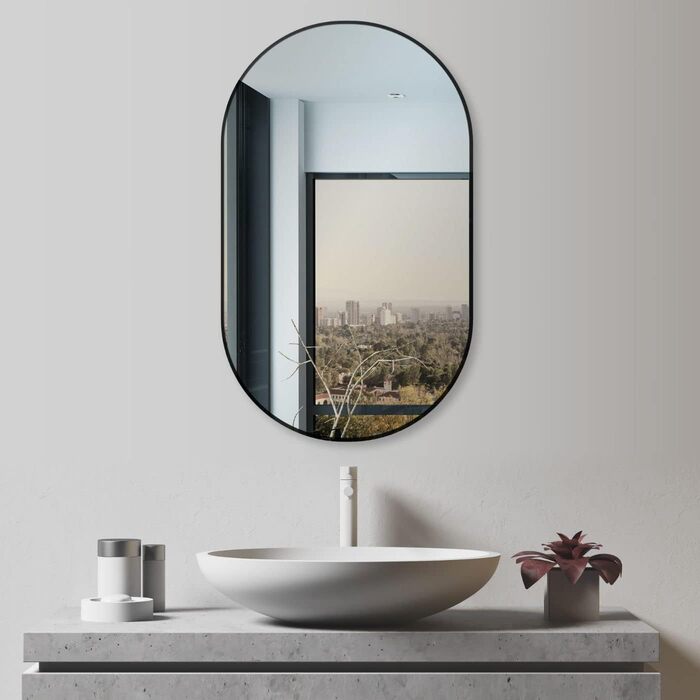 Дзеркало настінне овальне HOKO Design 45x75 см з металевим каркасом матовий чорний. Можлива вертикальна та горизонтальна установка. Для ванної кімнати, коридору, спальні.