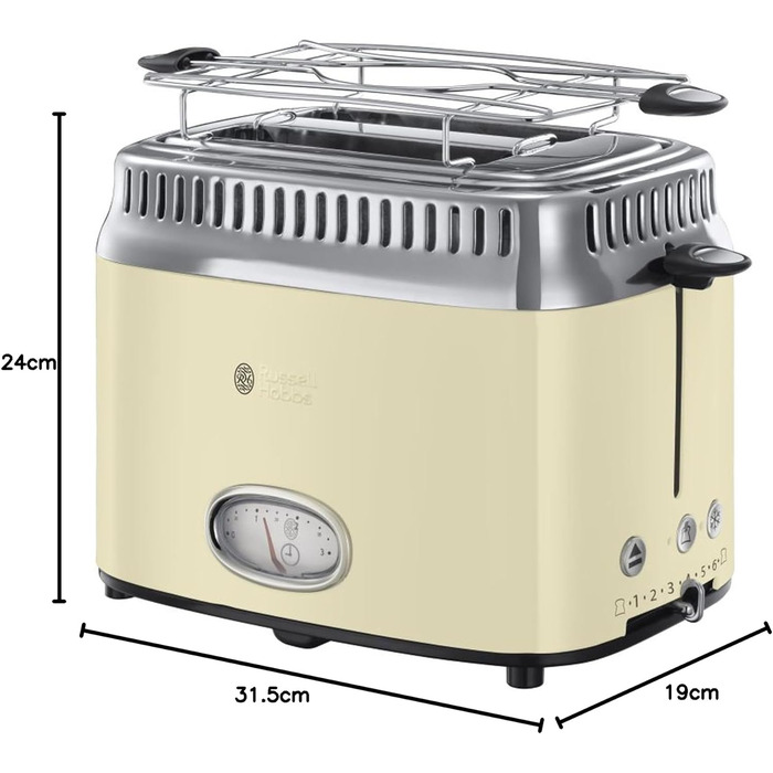 Тостер Russell Hobbs Retro 21680-56 нержавіюча сталь, 2 відділення, кремовий. З підставкою для булочок, 6 режимів, розморожування та підігрів, 1300 Вт