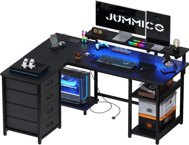 Ігровий стіл JUMMICO L-подібний (155 см) з LED-підсвіткою та розеткою, чорний (135 x 100 см)