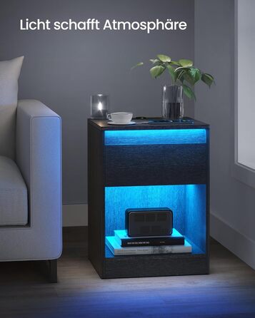 VASAGLE приліжковий столик з LED-підсвіткою, розетками та USB, сучасний, ящик, для спальні і вітальні, чорний