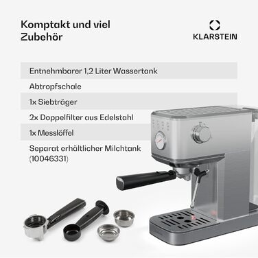 Еспресо-машина Klarstein SteelPresso Slim, 20 Бар, 1350 Вт, нержавіюча сталь, 1,2 л, з паровою насадкою, компактна, проста у використанні