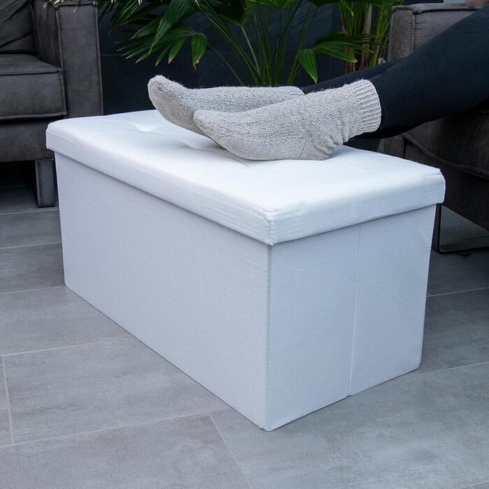 INTIRILIFE Складана пуф-лава 76x38x38 см, біла, з кришкою і місцем для зберігання, текстиль, пуф-куб, відкидний ящик для речей, сидіння і підставка для ніг