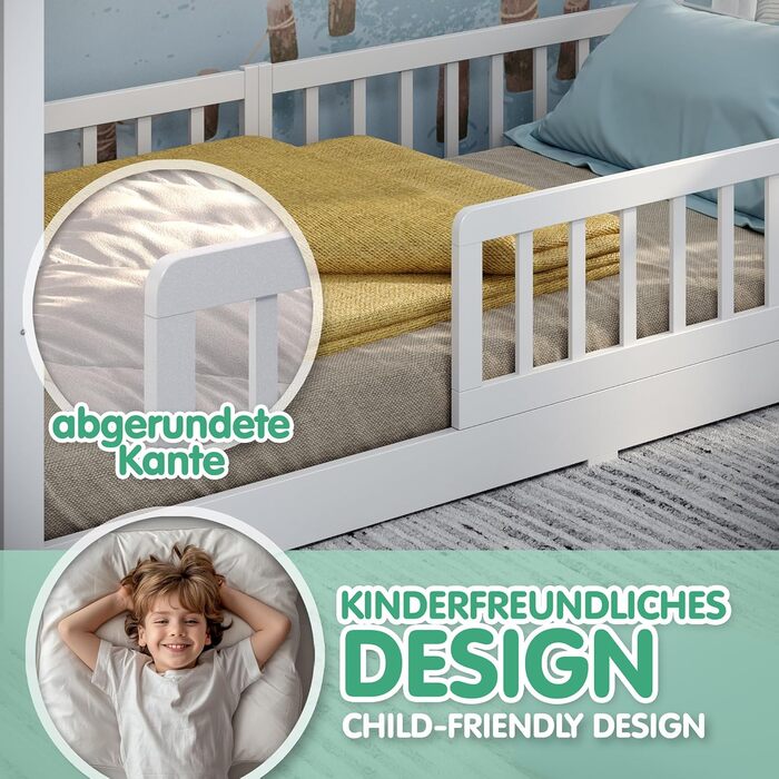 CADANI Мальте - ліжко-будиночок для дітей 120x200 см, біле, Montessori, з бортиками, трансформується, з ламелями, до 200 кг, біле