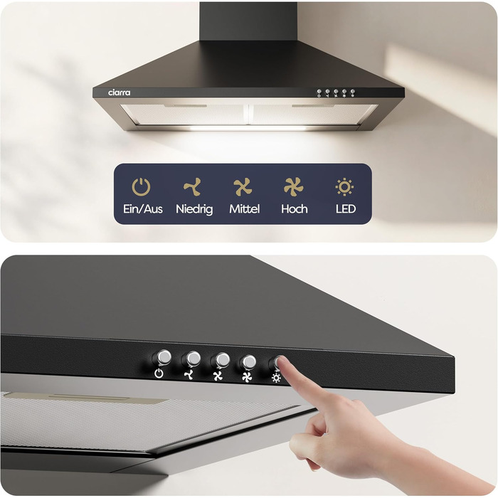 Витяжка кухонна CIARRA CBCB6201 чорна, пірамідальна, 60 см, 404 м³/год, A++, LED-підсвітка, з вугільним фільтром CBCF002X2, режим рециркуляції та відведення