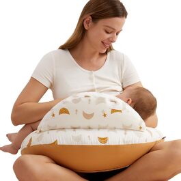 Подушка для годування Momcozy з захисним бордюром – ергономічна подушка для годування та підтримки з регульованим ремінцем та знімним бавовняним чохлом, дизайн "Метеоритний душ", "Місяць та зірки"