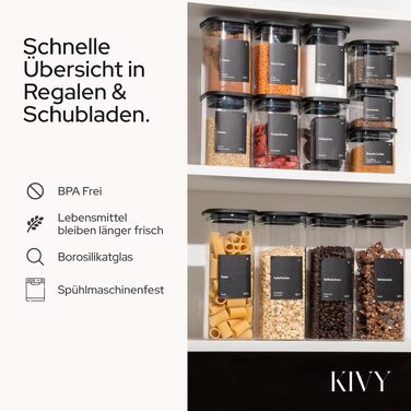 Набір скляних герметичних контейнерів для зберігання продуктів KIVY, квадратні, з кришками та етикетками, чорні, 4х400 мл